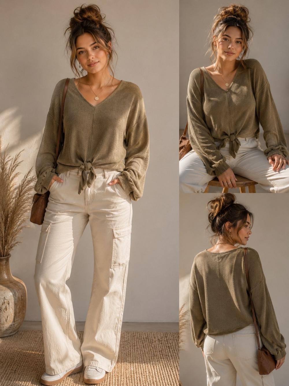 Madewell Olive Green V-Neck Tie-Front Sweater